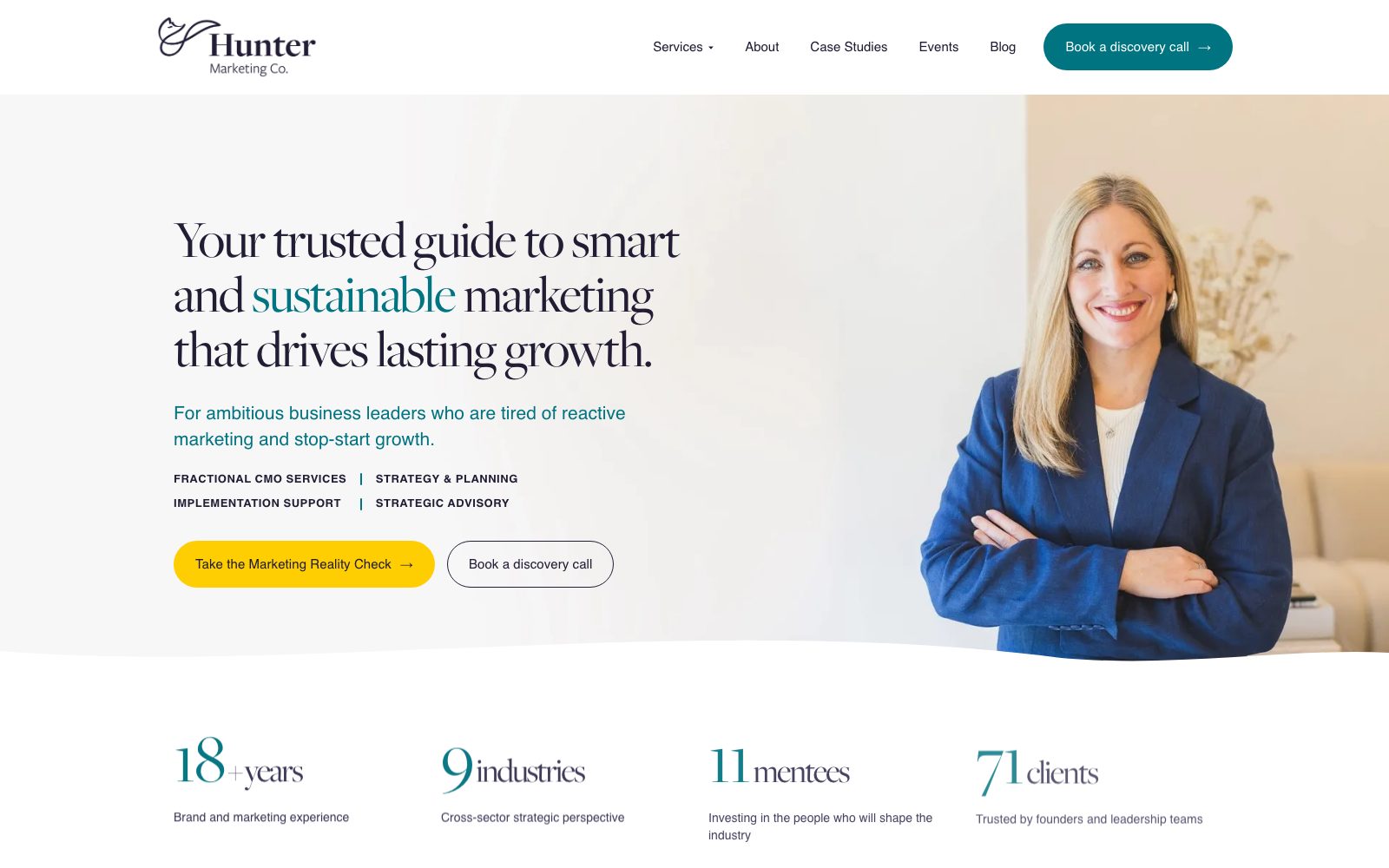 Website for Hunter Marketing Co., fractional CMO consultancy, by Mino Design and Digital